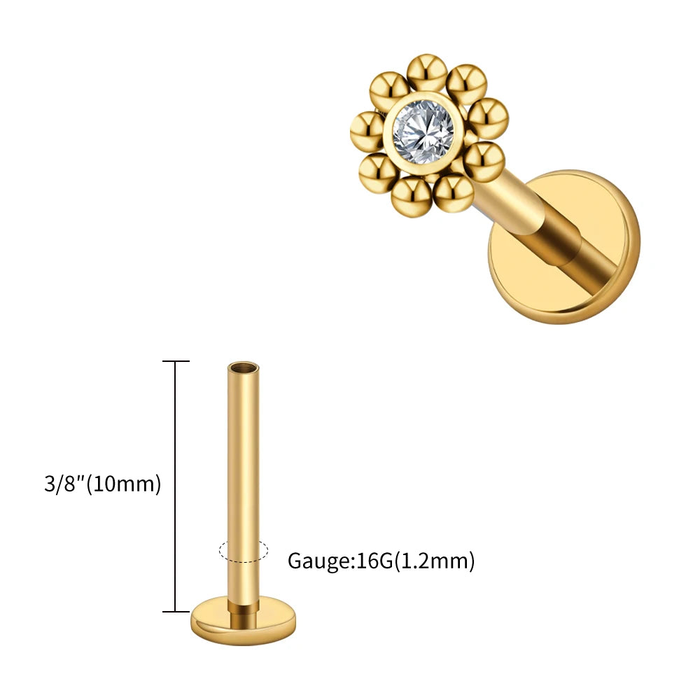 Right Grand ASTM F136 Titanium 16G Mini Beaded Sun Labret Stud CZ Flower – Tragus, Helix, Conch & Nose Piercing Body Jewelry