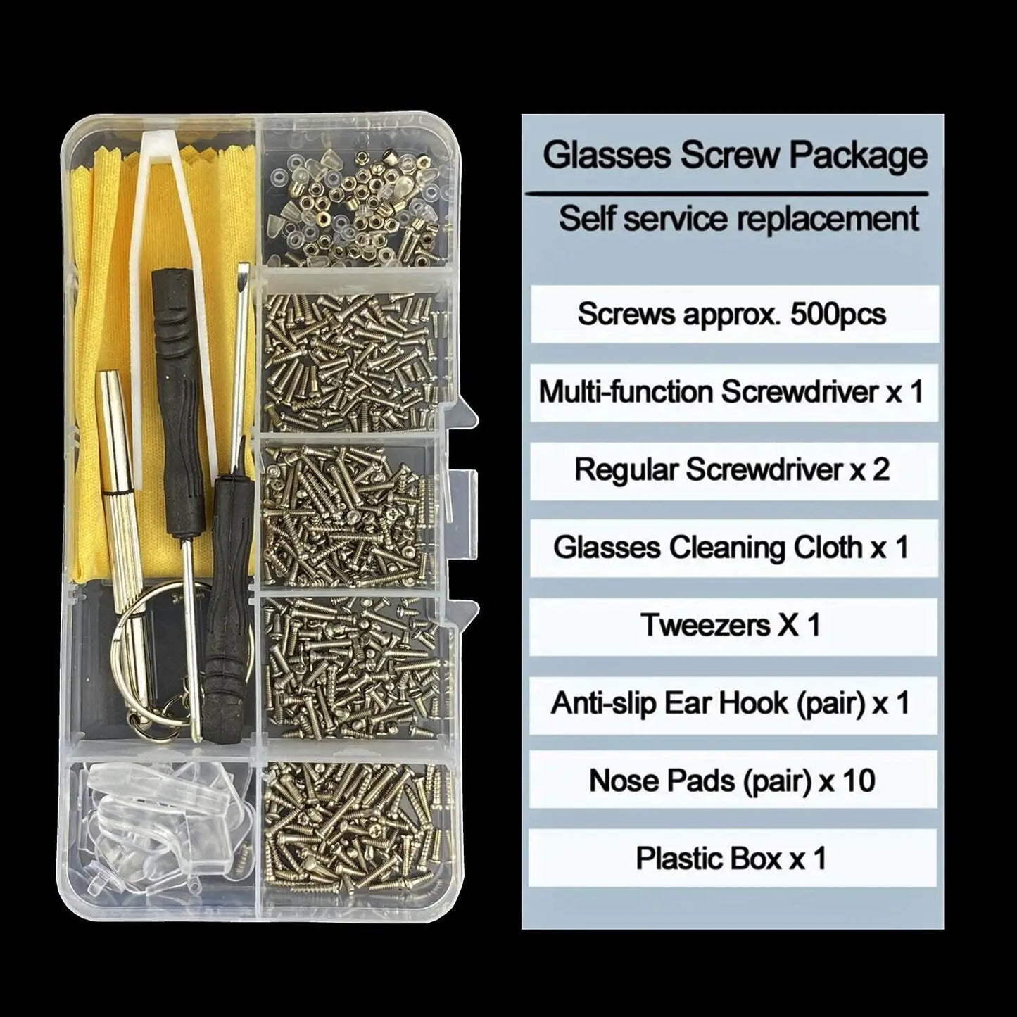 500pcs Eyeglass Repair Kit - Assorted Screws Nose Pads Screwdriver Tools for Glasses and Sunglasses Maintenance
