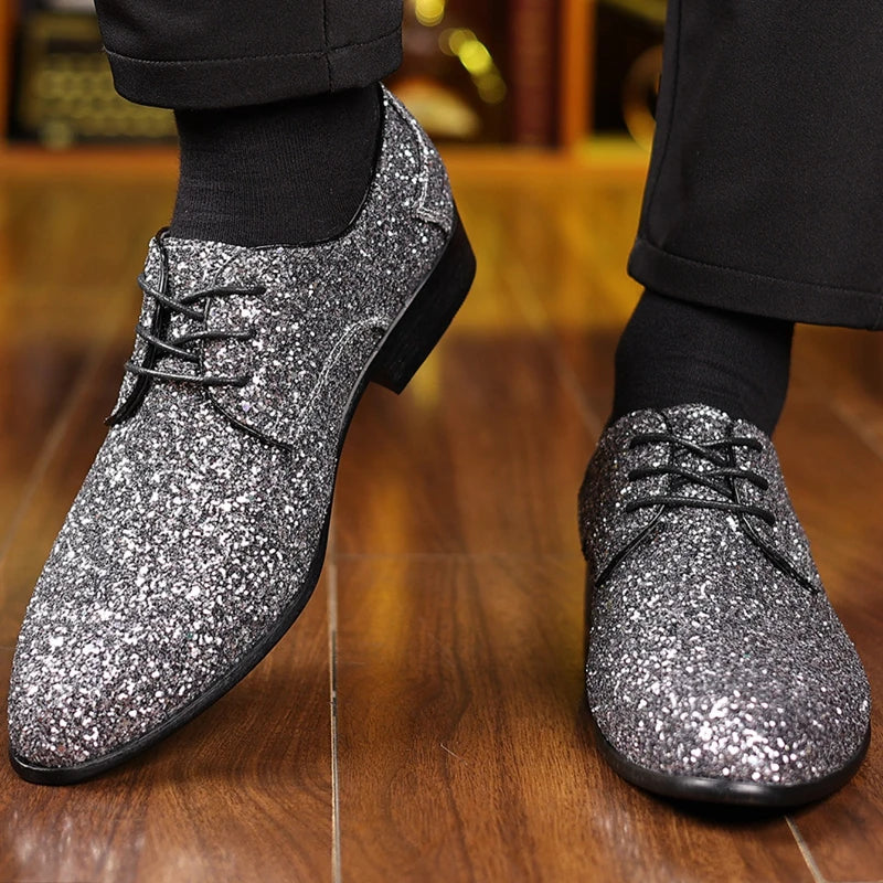 Men’s Luxury Sequin Oxford Dress Shoes - Gold & Silver Lace-Up Wedding Flats Large Size