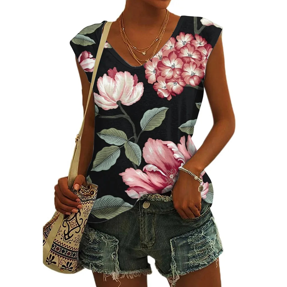 Women’s Floral Print T-Shirt - V Neck Cap Sleeve Loose Fit Summer Beach Top with Breathable Casual Style