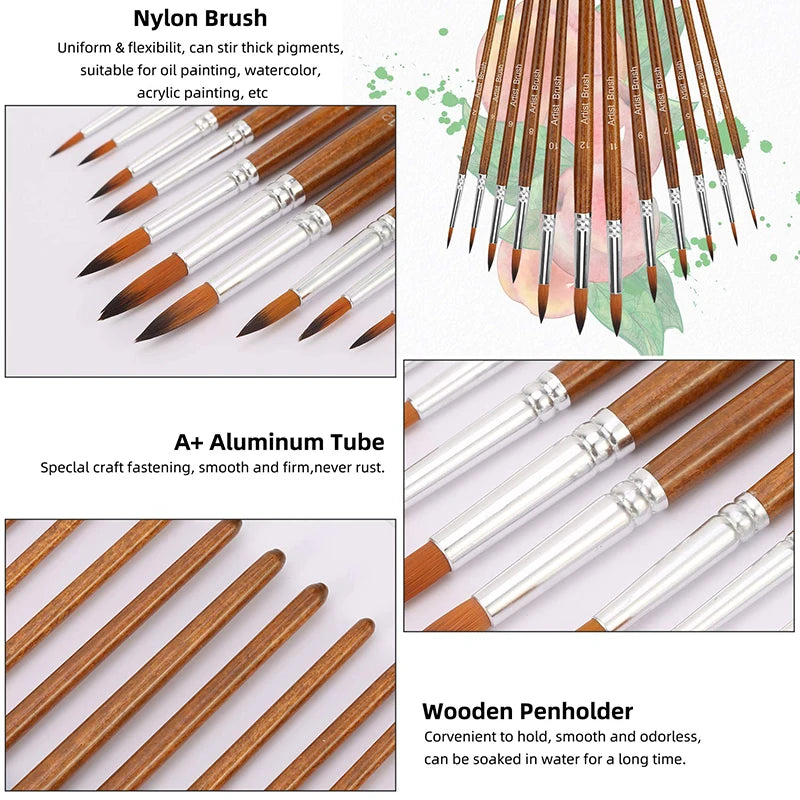 12-Piece Premium Artist Paint Brush Set – Durable Nylon Bristles for Acrylic, Watercolor, Oil & Body Painting