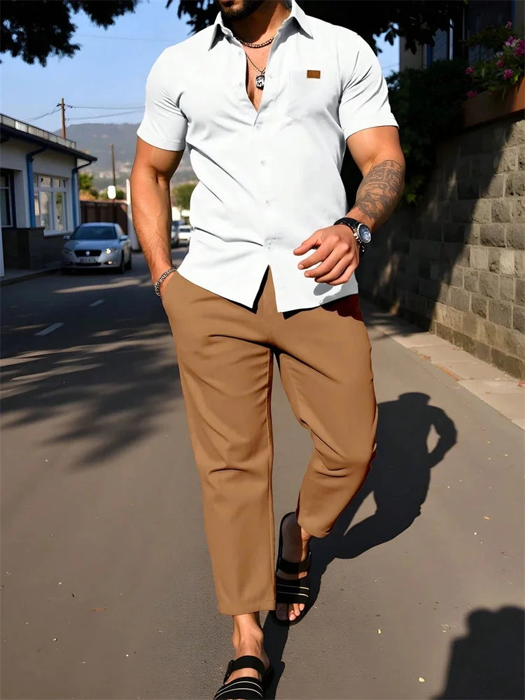 Men's Light Blue Striped Shirt Set - 3D Printed Casual Lapel Shirt for Autumn Outdoor Style