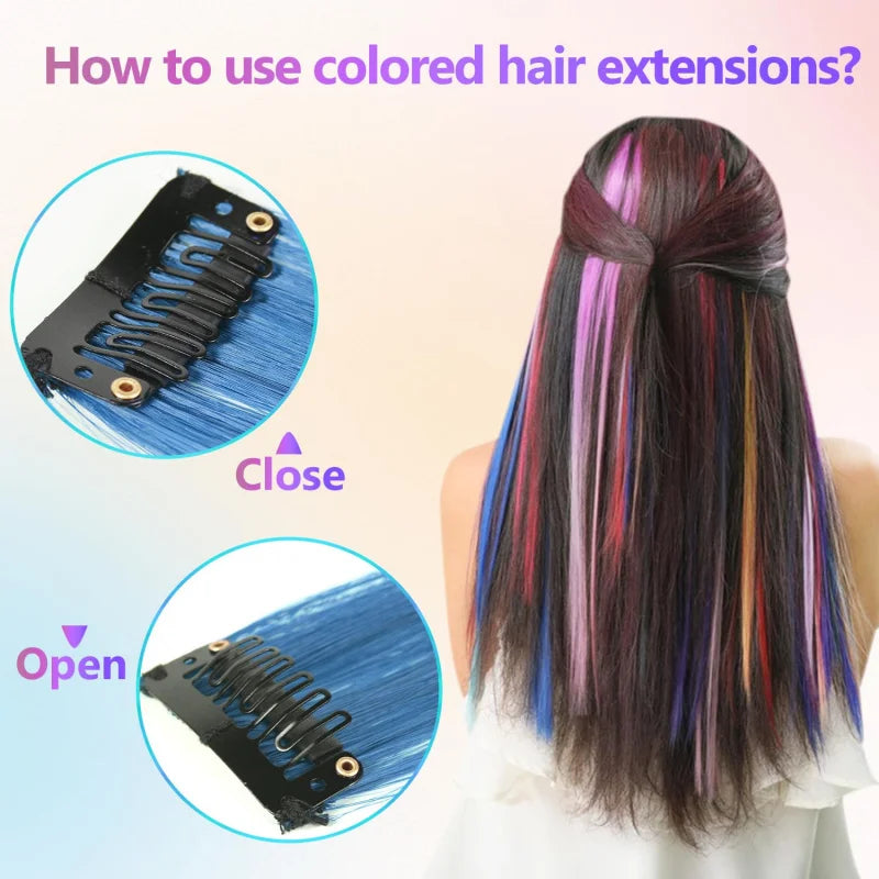 1/5/11 Pack 22" Clip-In Multi-Color Rainbow Hair Extensions – Synthetic Highlights for Girls, Women & Kids