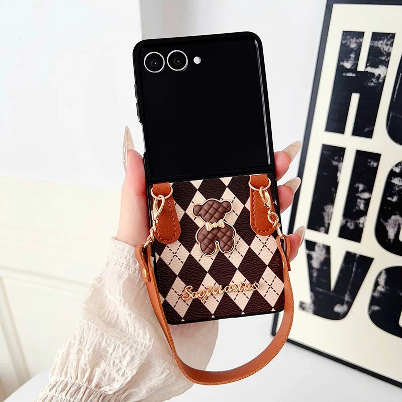 Unique Bear Diamond Pattern Premium Leather Phone Case for Samsung Galaxy Z Flip 7 / 6 / 5 / 4 – Anti-Drop Strap Wrist Protective Foldable Cover
