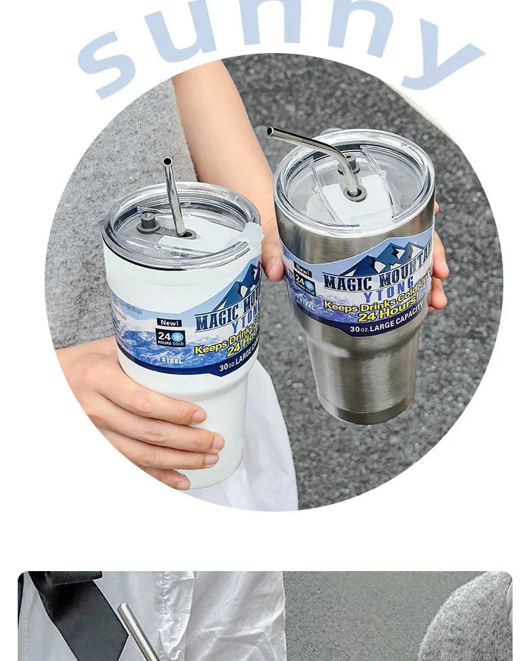 Magic Stainless Steel Thermos Cup with Straw – Vacuum Insulated Ice Coffee Travel Bottle for Car, Outdoor & Mountain Use