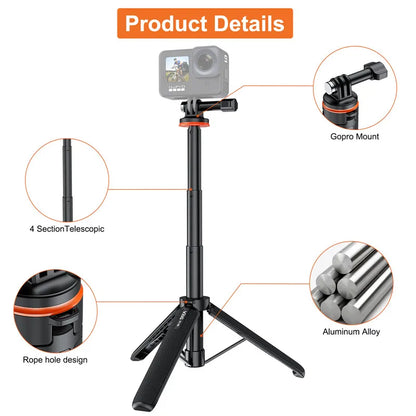 Selfie Stick Tripod – Extendable Stand Handle for GoPro 13-8, Insta360 X4, DJI OSMO Action 5/4/3 Accessories