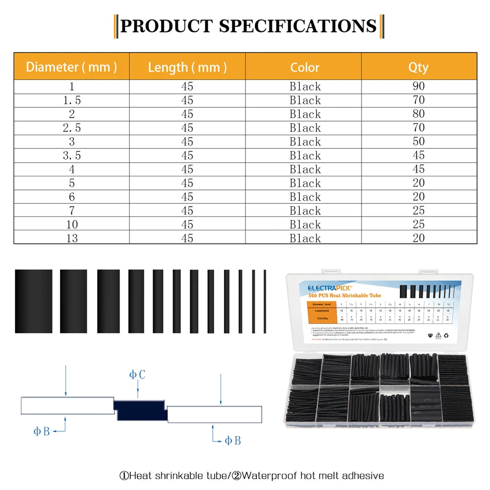 560PCS Heat-Shrink Tubing Kit - Thermoresistant Electrical Insulation for Wire & Cable Connection