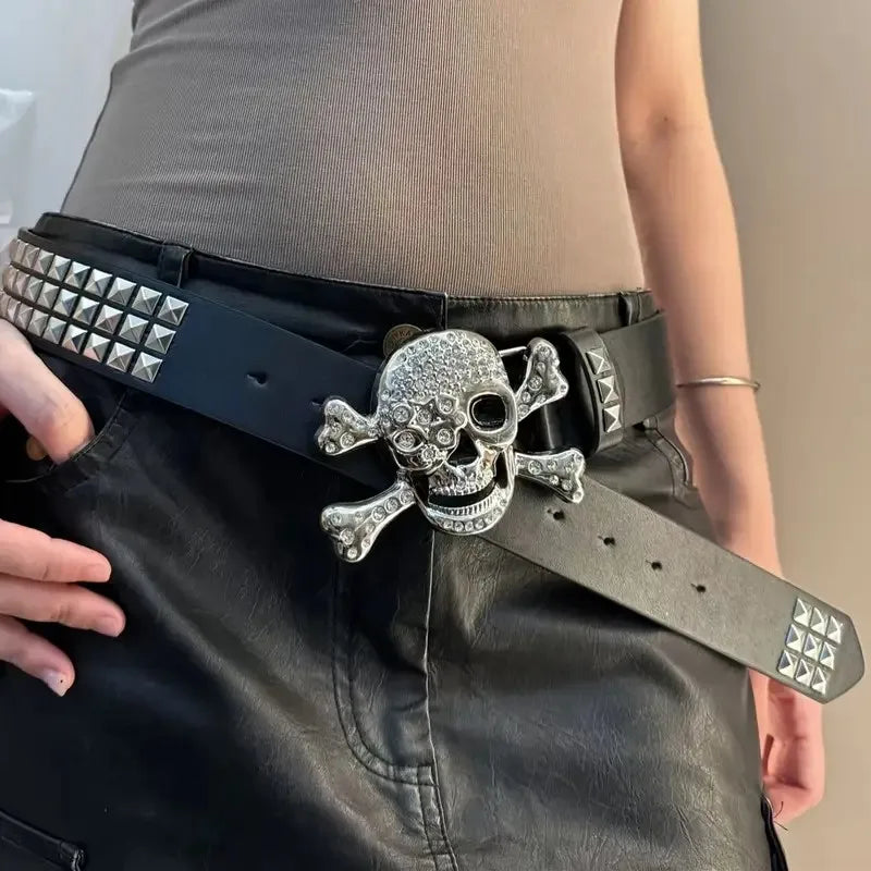 Gothic Skull Rhinestone Buckle Belt - Punk Rivet Hip-Hop Rock Y2K Fashion Accessory for Men & Women