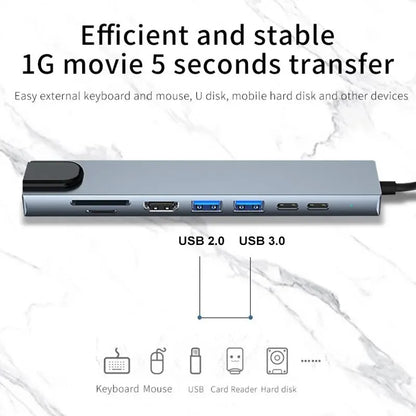 8-in-1 USB Type-C Hub Adapter – 4K HDMI, SD/TF Card Reader, RJ45, PD Fast Charging for MacBook & Notebook