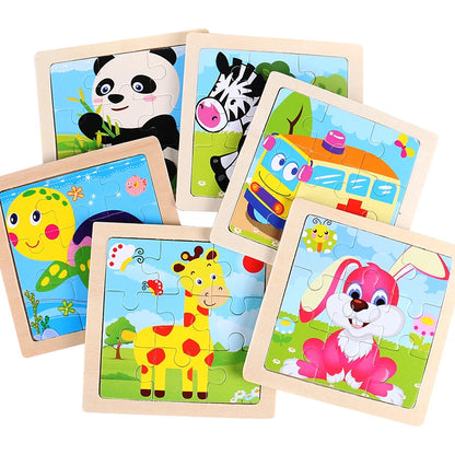 11cm Kids Wooden Jigsaw Puzzle – Cartoon Animal & Vehicle Montessori Educational Toys