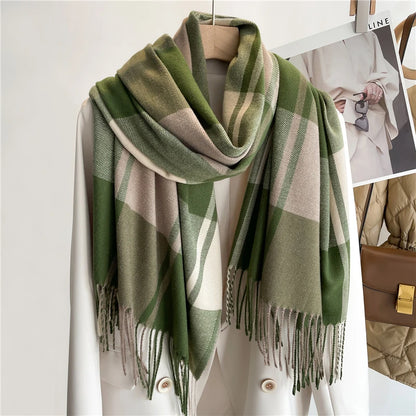 Warm Cashmere Blanket Scarf for Women - Fashionable Plaid Pashmina Shawl with Tassels, Thick Winter Wrap, Casual Poncho
