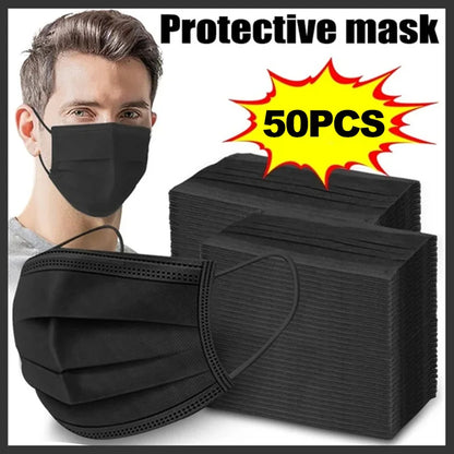 3 Layer Disposable Face Masks – Anti-Dust Protective Masks with Melt Blown Cloth, Earloops, Black Mascarillas