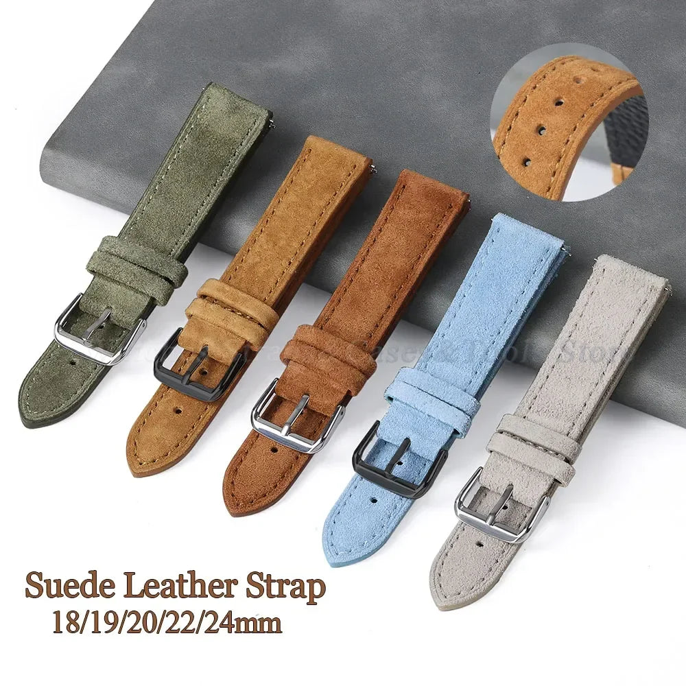 Suede Genuine Leather Watch Band - 18mm 19mm 20mm 22mm 24mm Vintage Handmade Stitching Strap For Seiko Huawei GT2 GT3 GT4