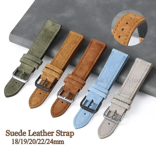 Suede Genuine Leather Watch Band - 18mm 19mm 20mm 22mm 24mm Vintage Handmade Stitching Strap For Seiko Huawei GT2 GT3 GT4