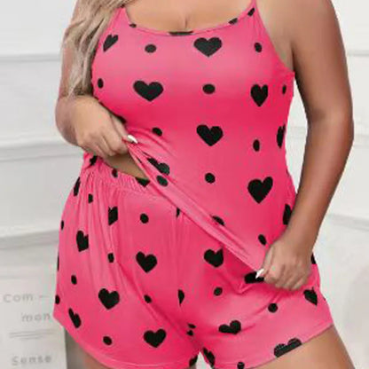 Plus Size Women’s Pajama Set — Sleeveless Heart Print Top & Elastic Waist Shorts, XL–XXXL Sleepwear Nightwear