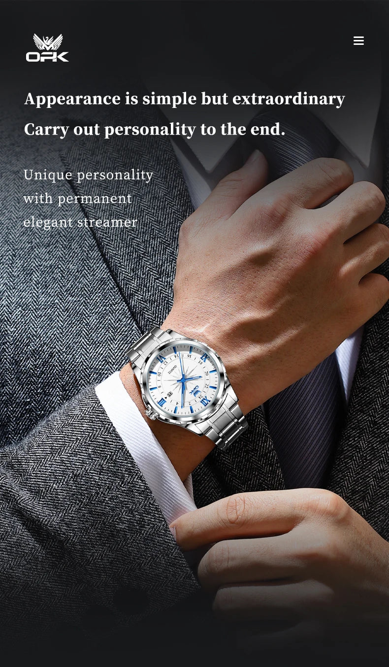 OPK Men's Quartz Watch — Steel Belt Dual Calendar Wristwatch Model 6003