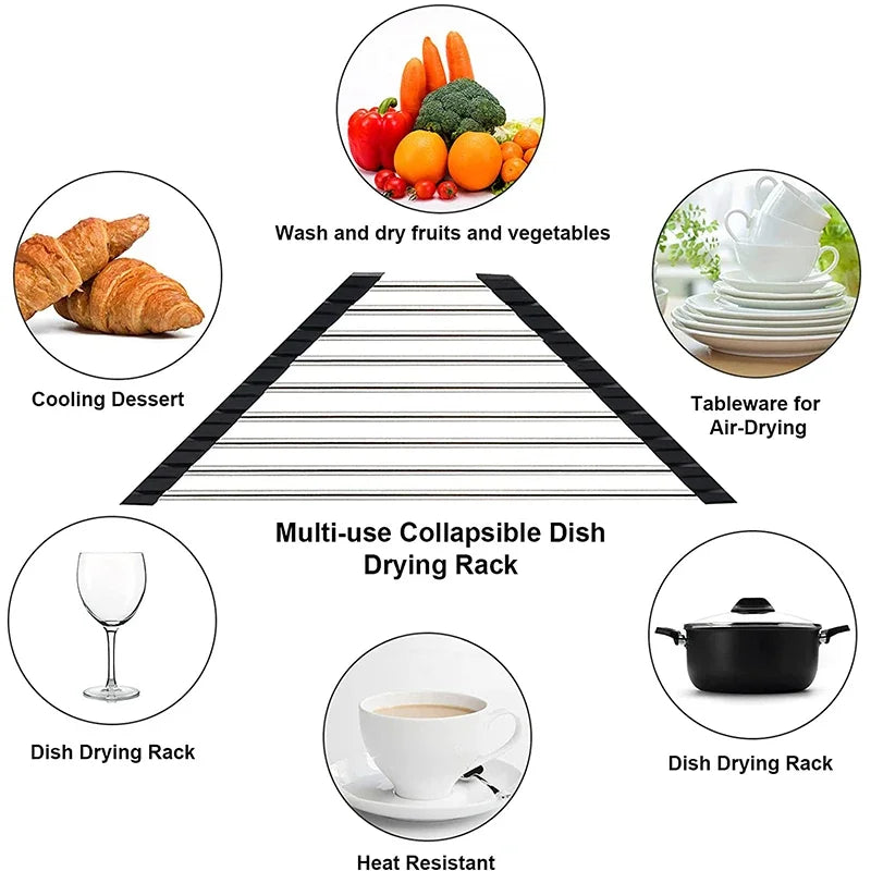 Roll-Up Triangle Dish Drying Rack – Foldable Stainless Steel Kitchen Sink Organizer, Sponge & Rag Holder