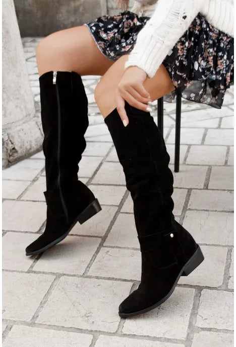 Women’s Thigh-High Suede Boots – Low Heel Side-Zip Knee-High Booties, Retro Autumn Winter Size 43