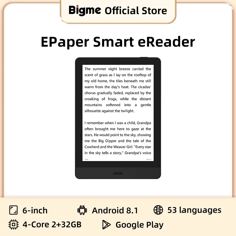 Bigme Read 6″ E-Paper E-Book Reader — Portable Android E-Reader with Google Play & Kindle App Support