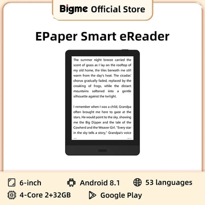 Bigme Read 6″ E-Paper E-Book Reader — Portable Android E-Reader with Google Play & Kindle App Support