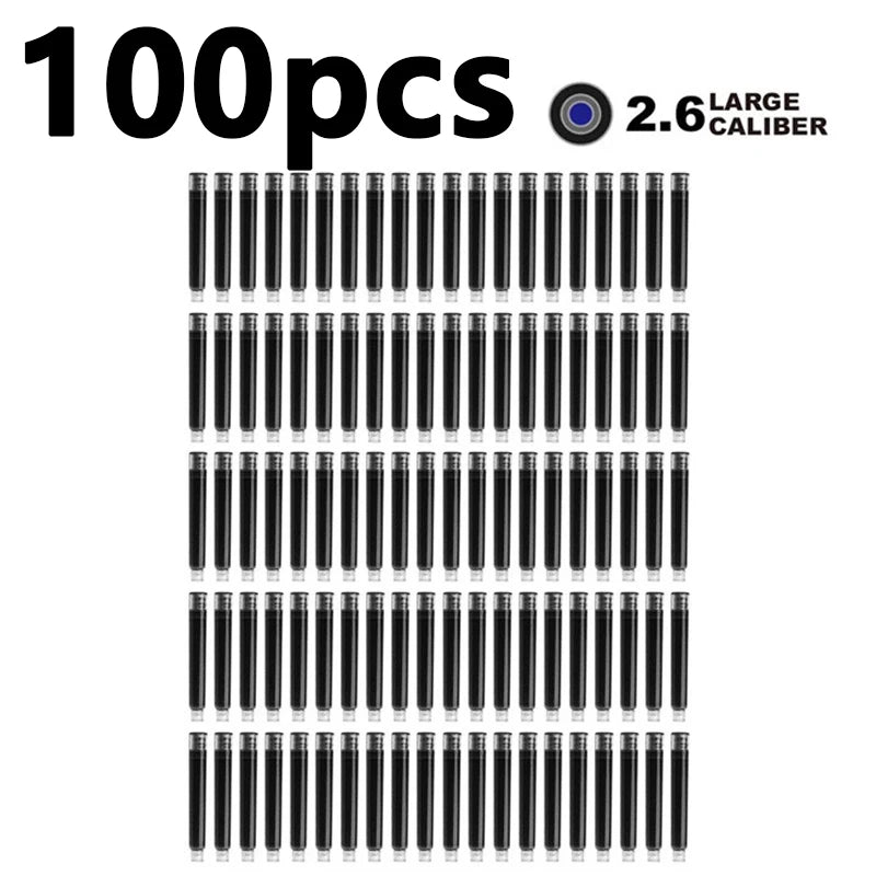 50/100pcs Fountain Pen Ink Cartridges – Black, Blue & Red Refill Set (2.6/3.4mm Bore) High-Quality