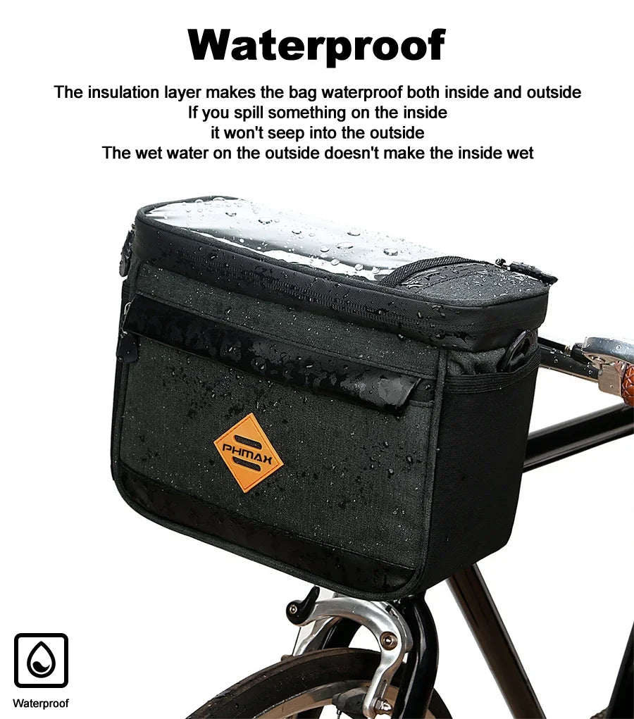 PHMAX Insulated Cycling Front Handlebar Bag – Large Waterproof MTB Pannier with Touch Screen & Cooler Compartment