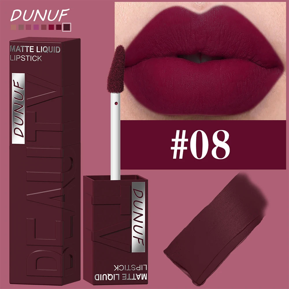 DUNUF Matte Velvet Lipstick - 8 Color Waterproof Plumping Square Tube Lip Gloss Makeup
