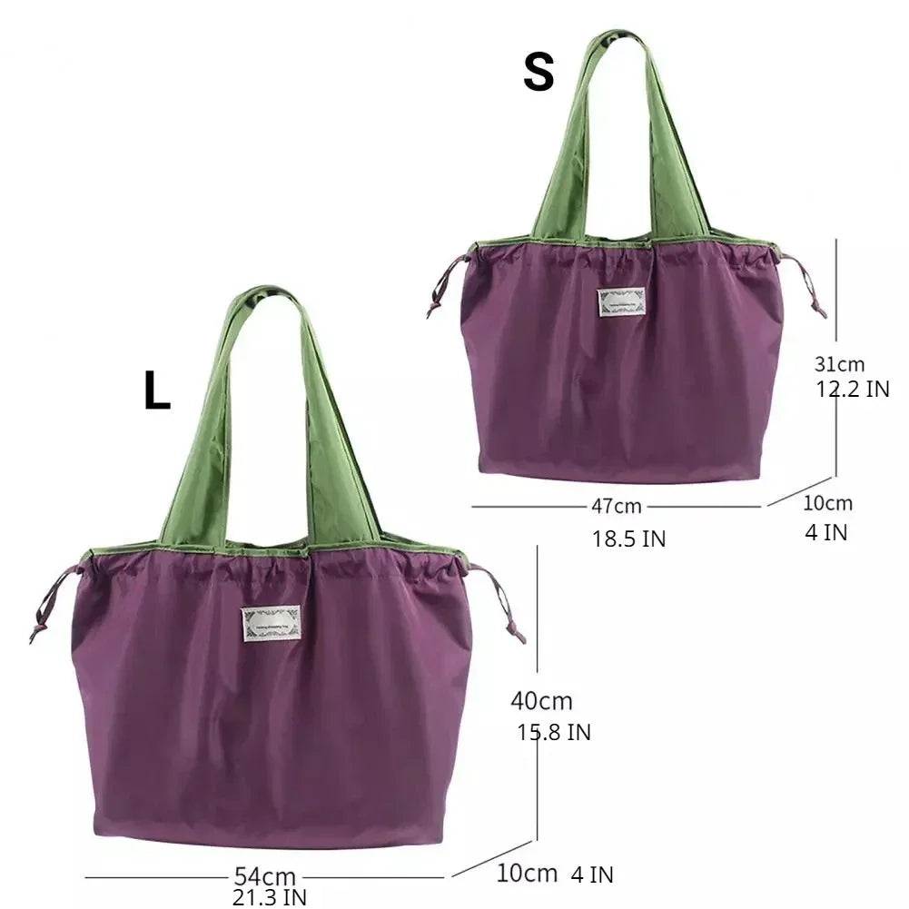 Large Reusable Shopping Bag - Portable Waterproof Oxford Fabric with Drawstring, Foldable Organizer Storage Shopper Handbag
