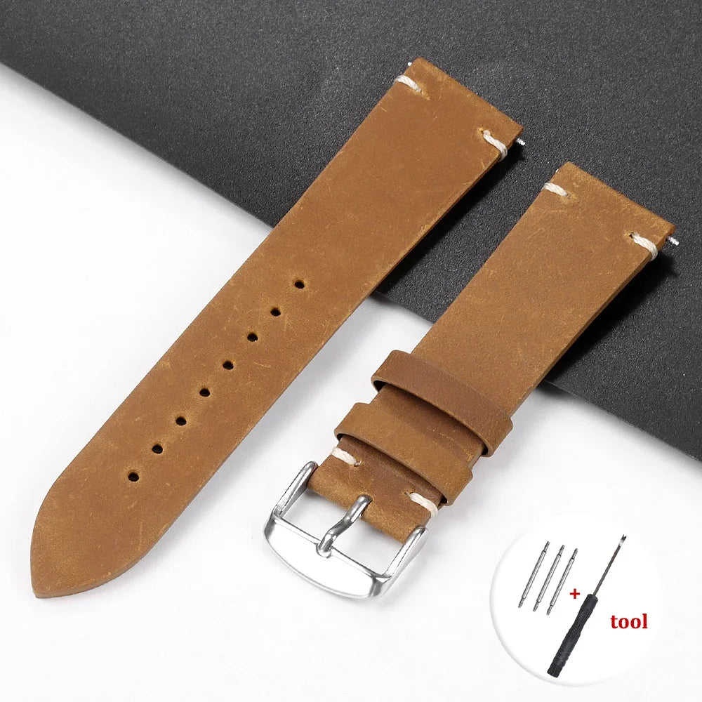 Calfskin Genuine Leather Watch Band – Black, Blue & Dark Brown Straps for Smartwatches, 18mm-24mm Accessories
