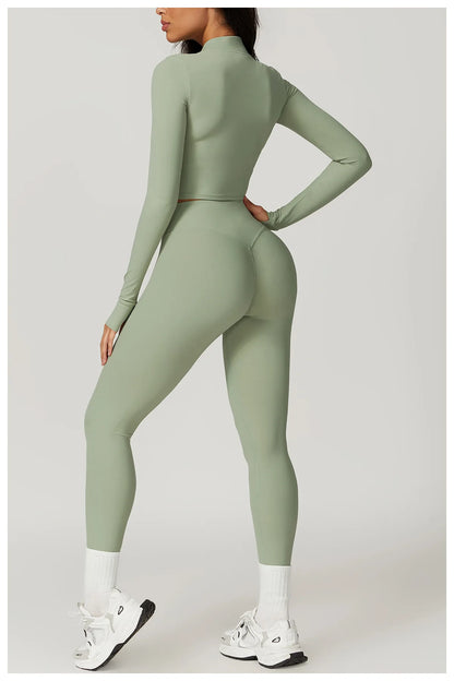 3PCS Women’s Yoga & Workout Set – Long Sleeve Zipper Top with High Waist Leggings Fitness Sportswear