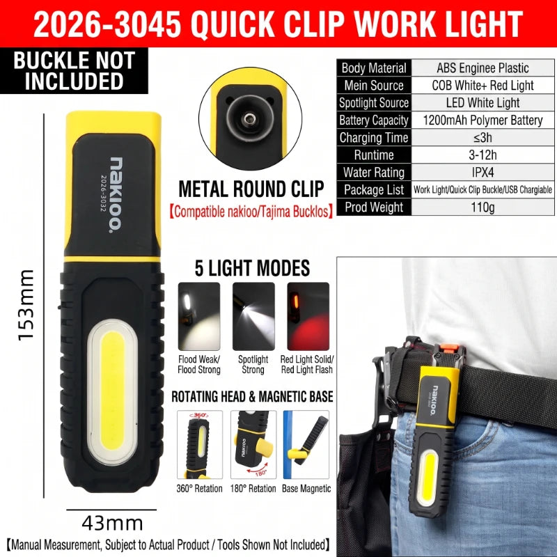NAKIOO COB LED Work Light - Magnetic Base, 360° Rotating Portable Inspection Flashlight with 5 Light Modes