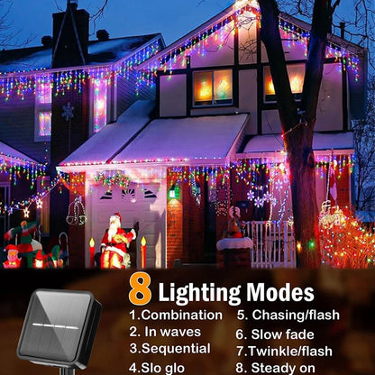 162/96 LED Solar Icicle Christmas Lights – Outdoor Waterproof Fairy Lights with 8 Modes for Home, Party & Holiday Decoration