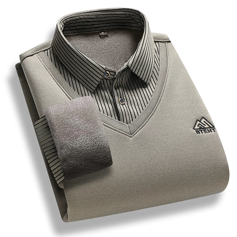 Men's Fleece Lined Polo Sweater - Fake Two-Piece Thick Winter Business Casual Pullover Top