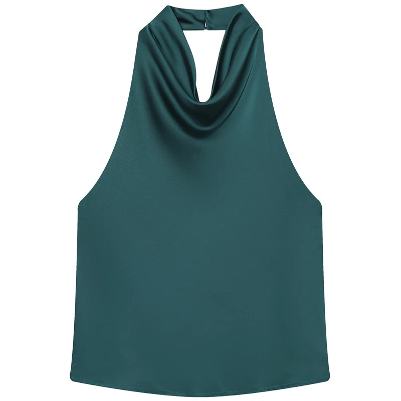 HXAO Women’s Satin Halter Top – Summer 2025 Black & Yellow Crop Tank, Off-Shoulder Sleeveless Backless Vest