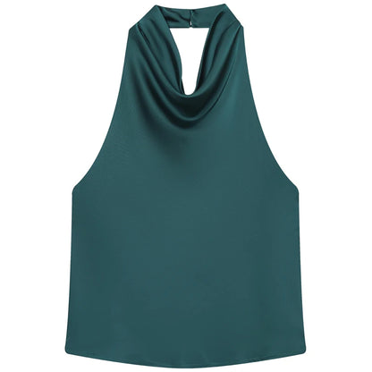 HXAO Women’s Satin Halter Top – Summer 2025 Black & Yellow Crop Tank, Off-Shoulder Sleeveless Backless Vest