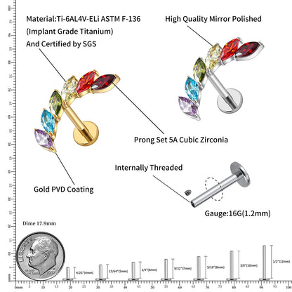 Right Grand ASTM F136 Titanium 16G Ear Climber CZ Cartilage Earring – Curved Marquise Helix, Tragus & Labret Flat Back Piercing Stud