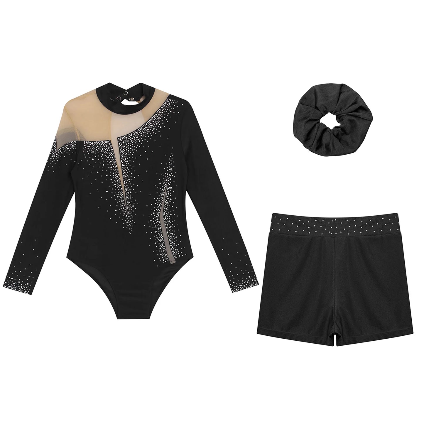 Kids Girls Long-Sleeve Ballet Leotard with Body Shorts & Hair Band — Gymnastics Dance Bodysuit