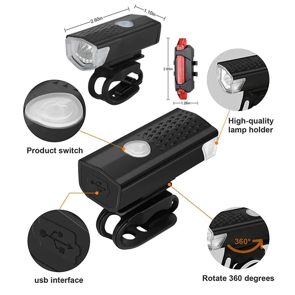 USB Rechargeable Bike Light Set: Front Light with Taillight - Easy Installation, 3 Modes Bicycle Accessories