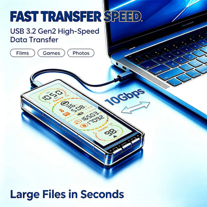 10Gbps M.2 SSD Enclosure - USB 3.2 Gen2 Type-C External Case with Smart Display for NVMe & SATA Drives