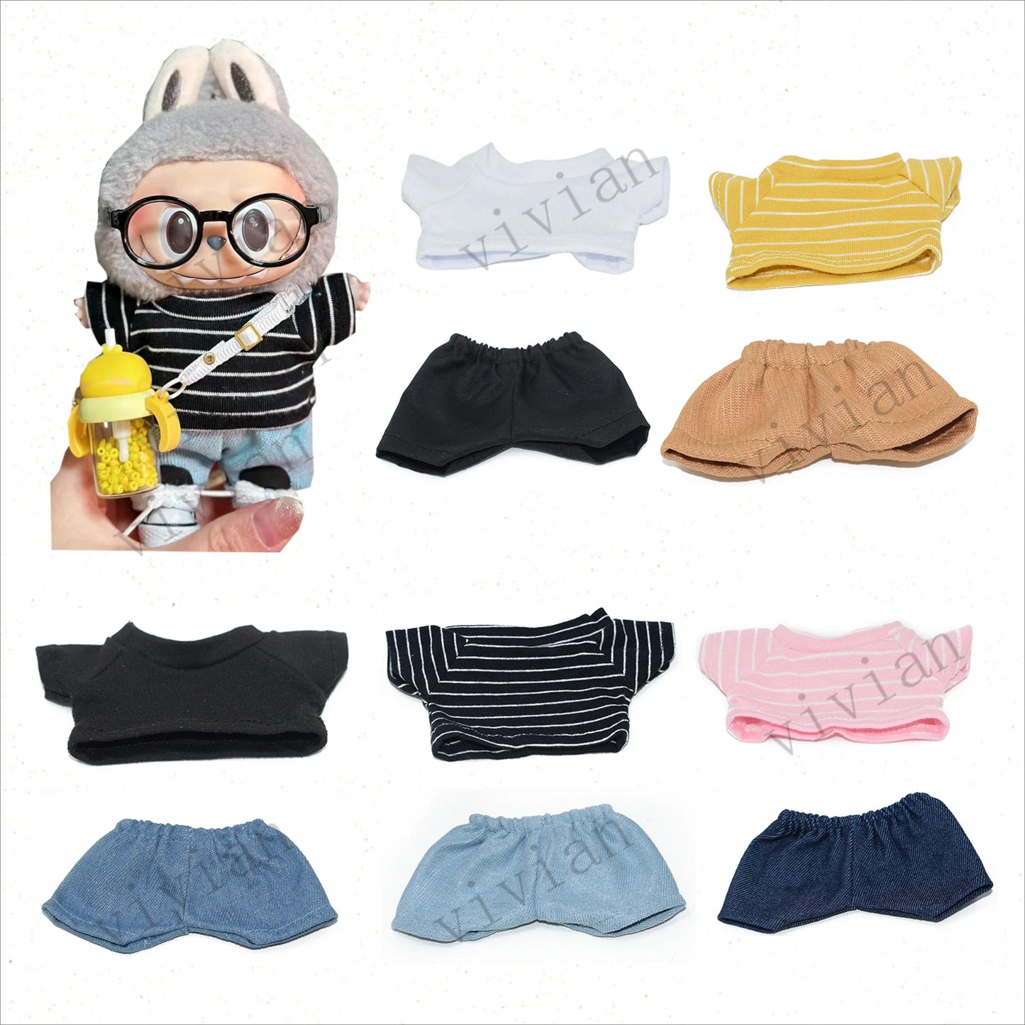 Doll Clothes Outfit for 15-17cm Labubu & 10cm Cotton Dolls – Striped T-Shirt & Shorts Set
