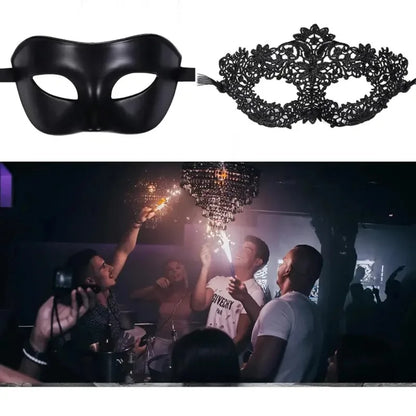 Black Lace Masquerade Mask Set - 2-Piece Elegant Venetian, Mardi Gras & Halloween Party Masks