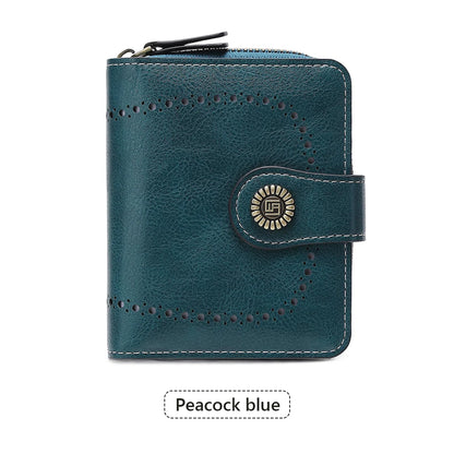 Retro Hollow-Out Short Purse for Women – Multi-Card Zipper Wallet, European & American Fashion Design