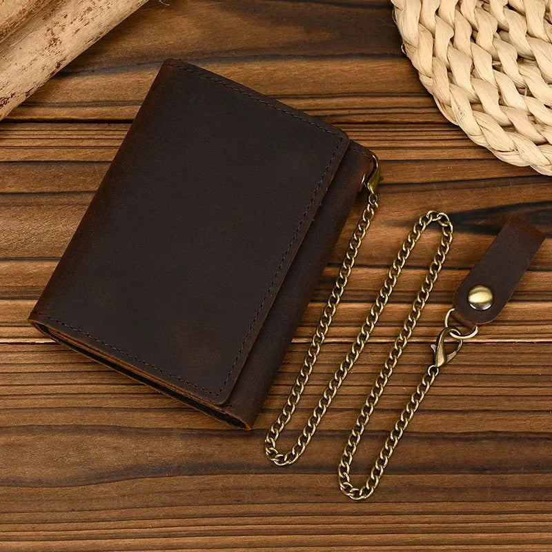 Men’s Genuine Leather Short Wallet with Chain – Trifold Zipper Clutch, Card Holder & Coin Purse