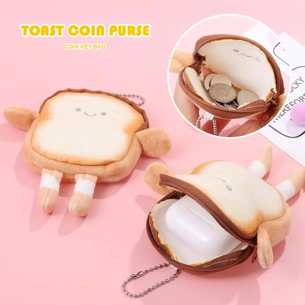 Cartoon Toast Bread Plush Coin Purse - Cute Mini Wallet and Earphone Bag Keychain Pendant for Kids