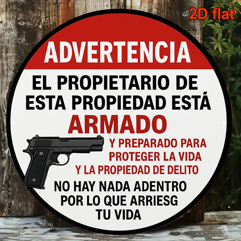 Armed Homeowner Warning Sign - Vintage Round Aluminum Security Plaque in English & Spanish
