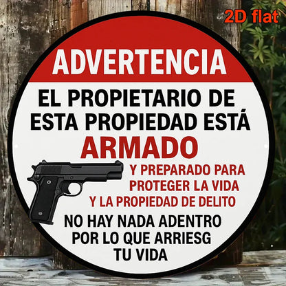 Armed Homeowner Warning Sign - Vintage Round Aluminum Security Plaque in English & Spanish