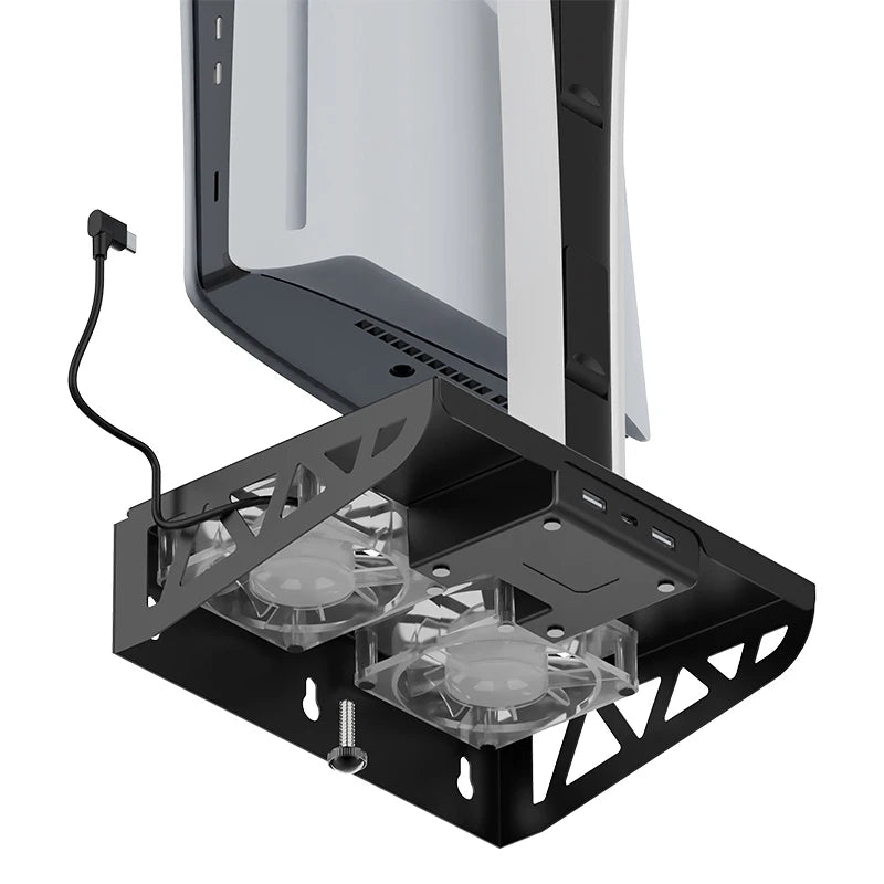 PS5 Wall Mount Metal Kit – For PS5/PS5 Slim/PS5 Pro with Controller Charging Station, Cooling Fan & Headset Holder Storage Rack