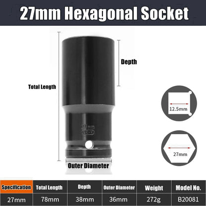 1/2" Drive Deep Impact Socket – Metric Wrench Socket for Pneumatic Tools, Tire Removal & Heavy-Duty Automotive Use