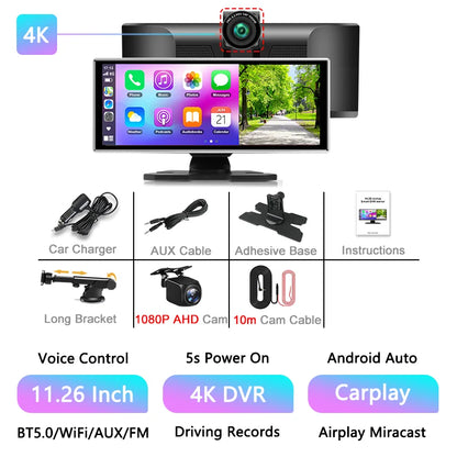 11.26" 4K Car DVR Dash Cam — Wireless CarPlay & Android Auto, Dual Lens Video Recorder with AI Screen, GPS Navigation, HD Dashboard Monitor