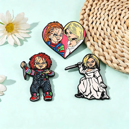 3-Piece Chucky & Tiffany Horror Enamel Pin Set - Metal Lapel Brooches for Backpacks, Cosplay Costumes & Halloween Gifts